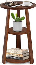 3-Tier Round Side Table, Solid Wood End Table & Nightstand for Small Spaces, Compact Accent Table for Living Room, Bedroom, Office (Red Brown Finish)