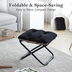 Welnow Folding Foot Stool, Upholstered Small Accent Ottoman with Detachable Thick Cotton Cushion, Padded Sofa Stool with Straight Metal Legs for Lazy Chair, Living Room, Bedroom, Black