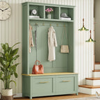 Multifunctional 4-in-1 Hall Tree with 6 Golden Hooks and Brown Wood Grain Storage Bench, Wood Entryway Coat Rack with 2 Drawers for Living Room, Hallway (Mint Green)