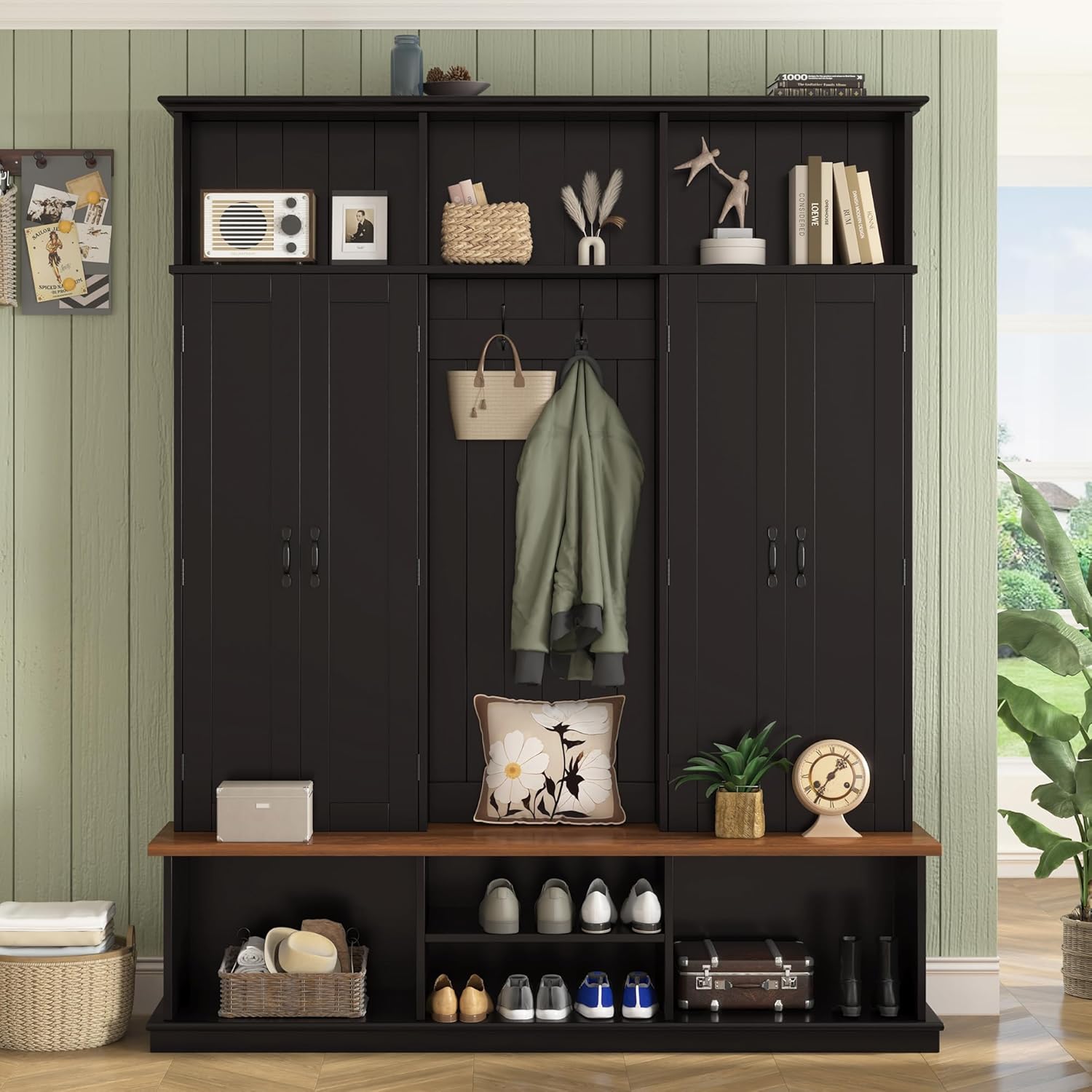 Hall Tree with Bench and Shoe Storage,Shoe and Coat Rack with Drawer and Hooks,Farmhouse Furniture for Entryway,Mudroom,Living Room,Black (Black, 62.2" W)