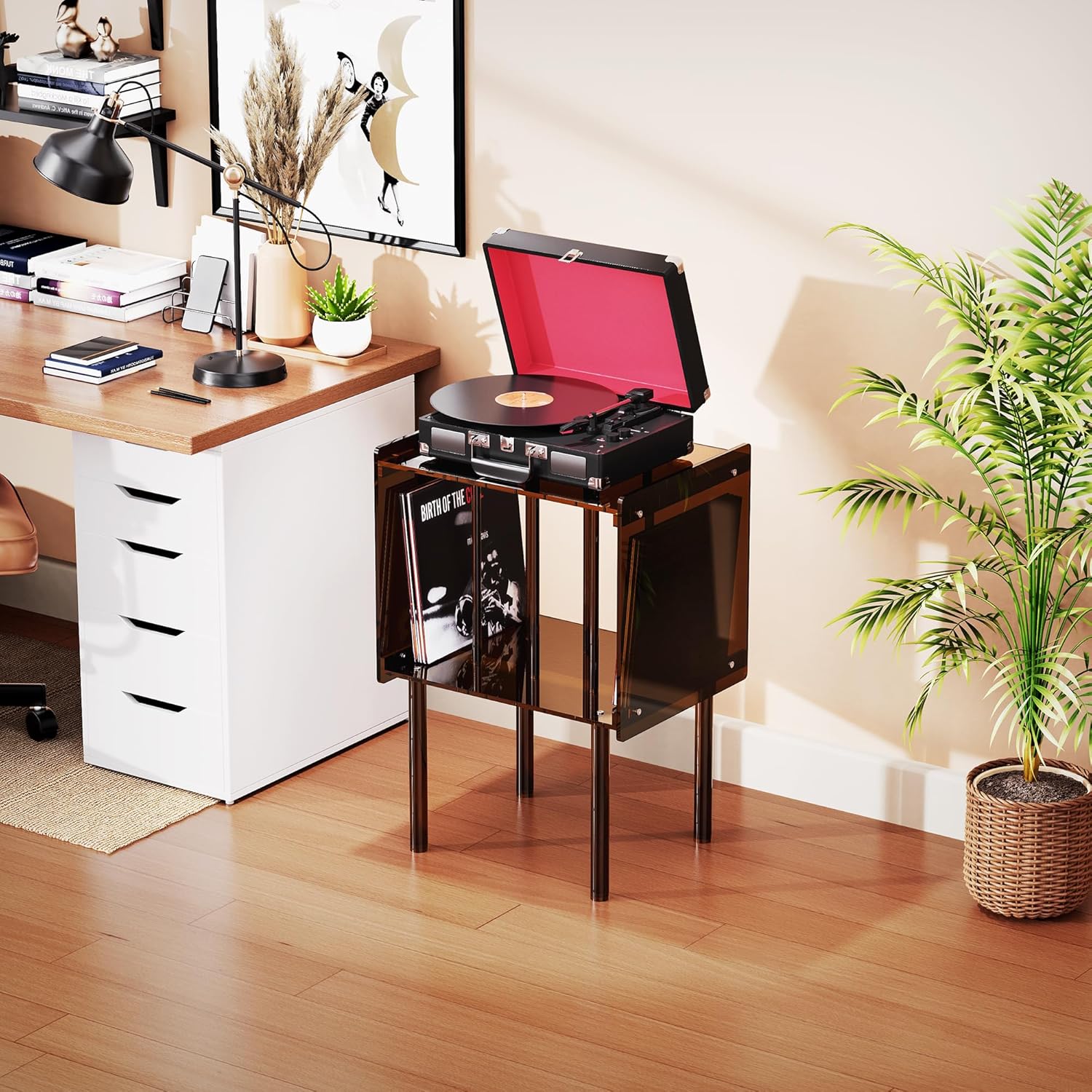 Acrylic Record Player Stand, with Vinyl Storage, Clear Acrylic Side Table, 18.1'' x 14.6'' x 26.1'' (Dark Brown)