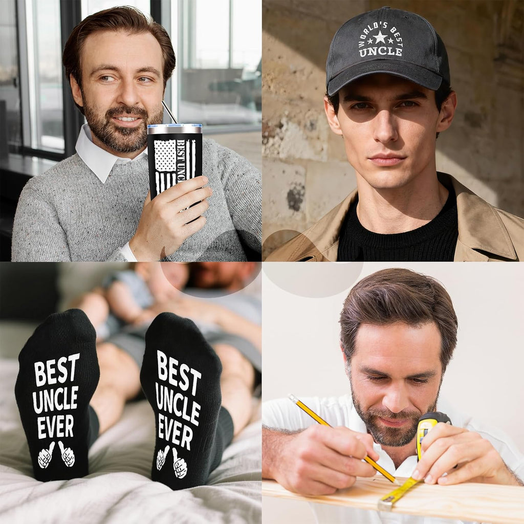 11 Pcs Best Uncle Ever Gift, Father's Day Gifts, Uncle Gifts for Men with 20 Oz Tumbler Socks Baseball Cap Tape Measure Bracelet Wallet Card Keychain, Birthday Christmas Gift from Niece Nephew