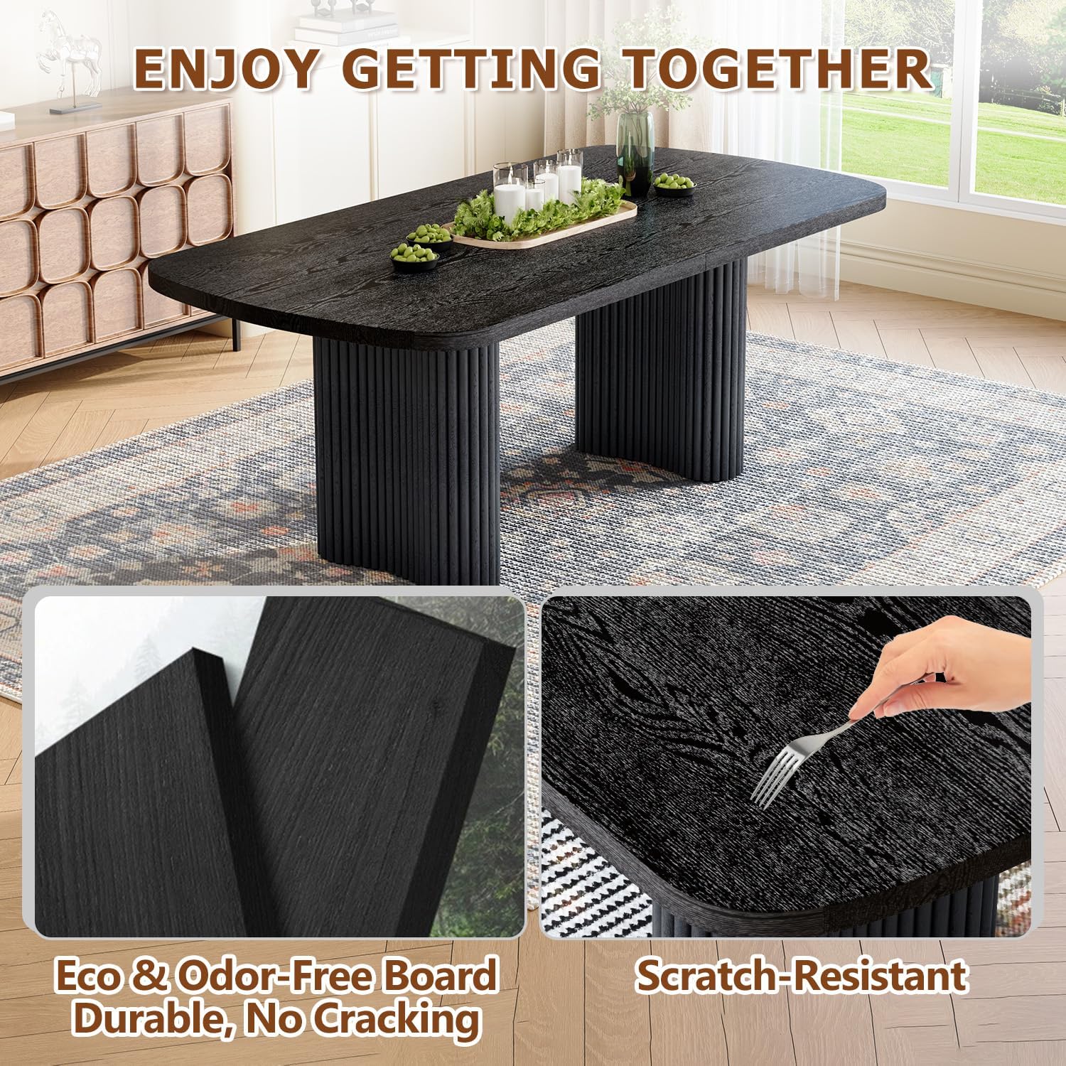 Dining Table Set for 10, 79'' Large Modern Rectangular Dining Room Table with 10 Velvet Chairs, Black Wood Finish, Reinforced Pedestal Base & Thick Tabletop, Stable Design for Home Dining