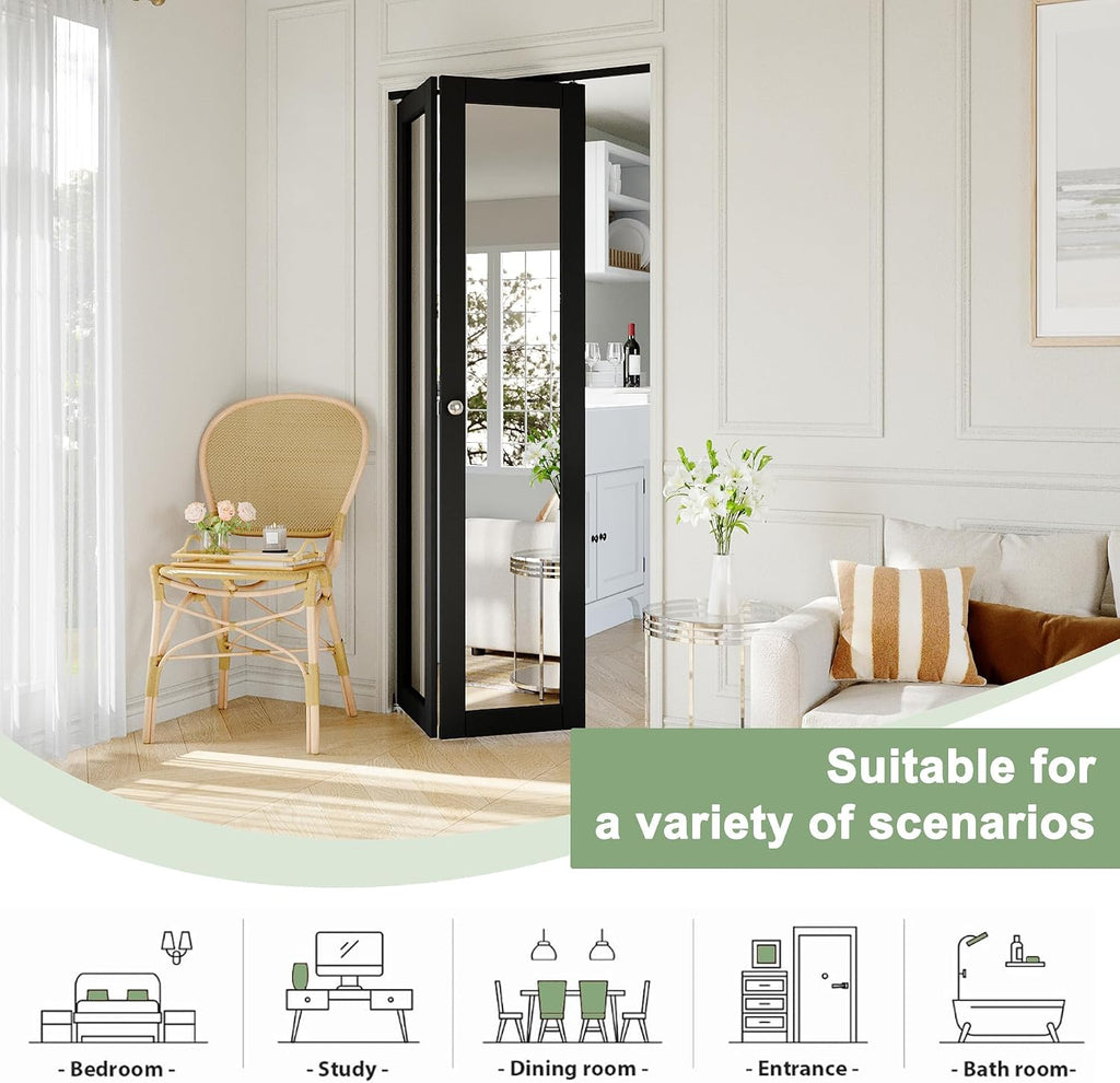 Bifold Doors 48" x 80" Opening, Mirrored Bifold Closet Door with Hardware Kit, Interior Bi Fold Door for Closet/Pantry/Laundry, Folding Barn Doors Panels, Easy to Install, Black