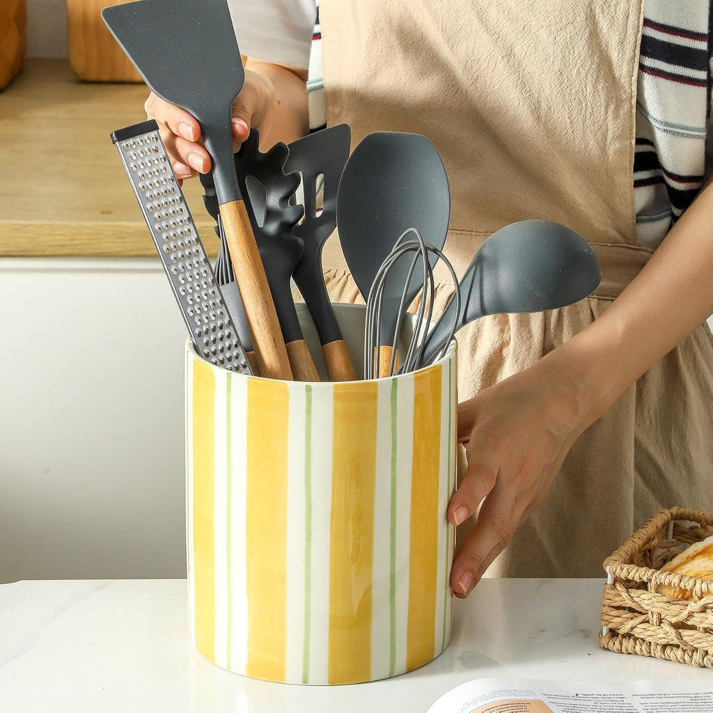 7" Hand-Drawn Lines Utensil Holder, Large Kitchen Utensil Holder Organizer ,Stable Utensil Crock Spatula Holder for Kitchen Counter Countertop Farmhouse Cooking Tools Holder