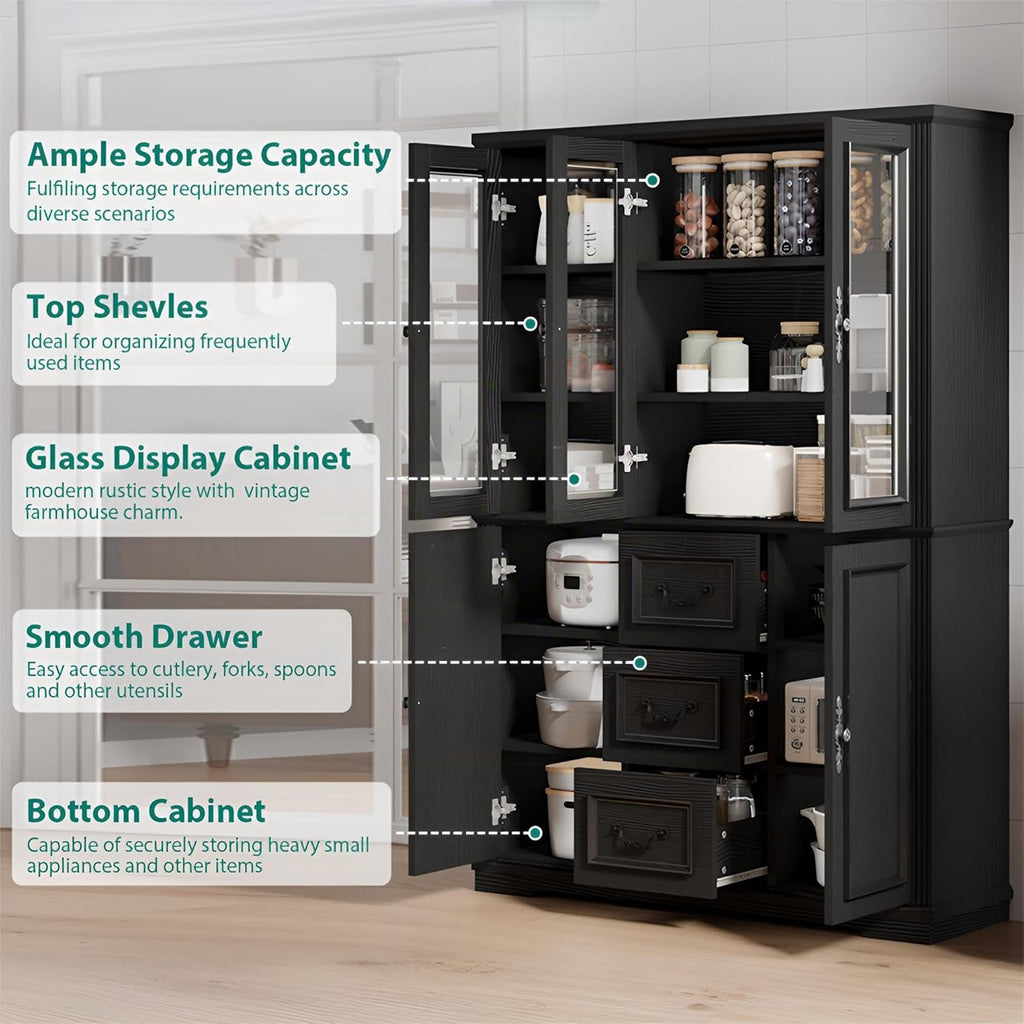 YITAHOME 71" H x 47" W Kitchen Pantry with 3 Drawers, Large Storage Cabinet with 3 Glass Doors & Adjustable Shelves, Freestanding Tall Display China Cabinet for Living & Dining Room, Black
