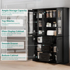 YITAHOME 71" H x 47" W Kitchen Pantry with 3 Drawers, Large Storage Cabinet with 3 Glass Doors & Adjustable Shelves, Freestanding Tall Display China Cabinet for Living & Dining Room, Black