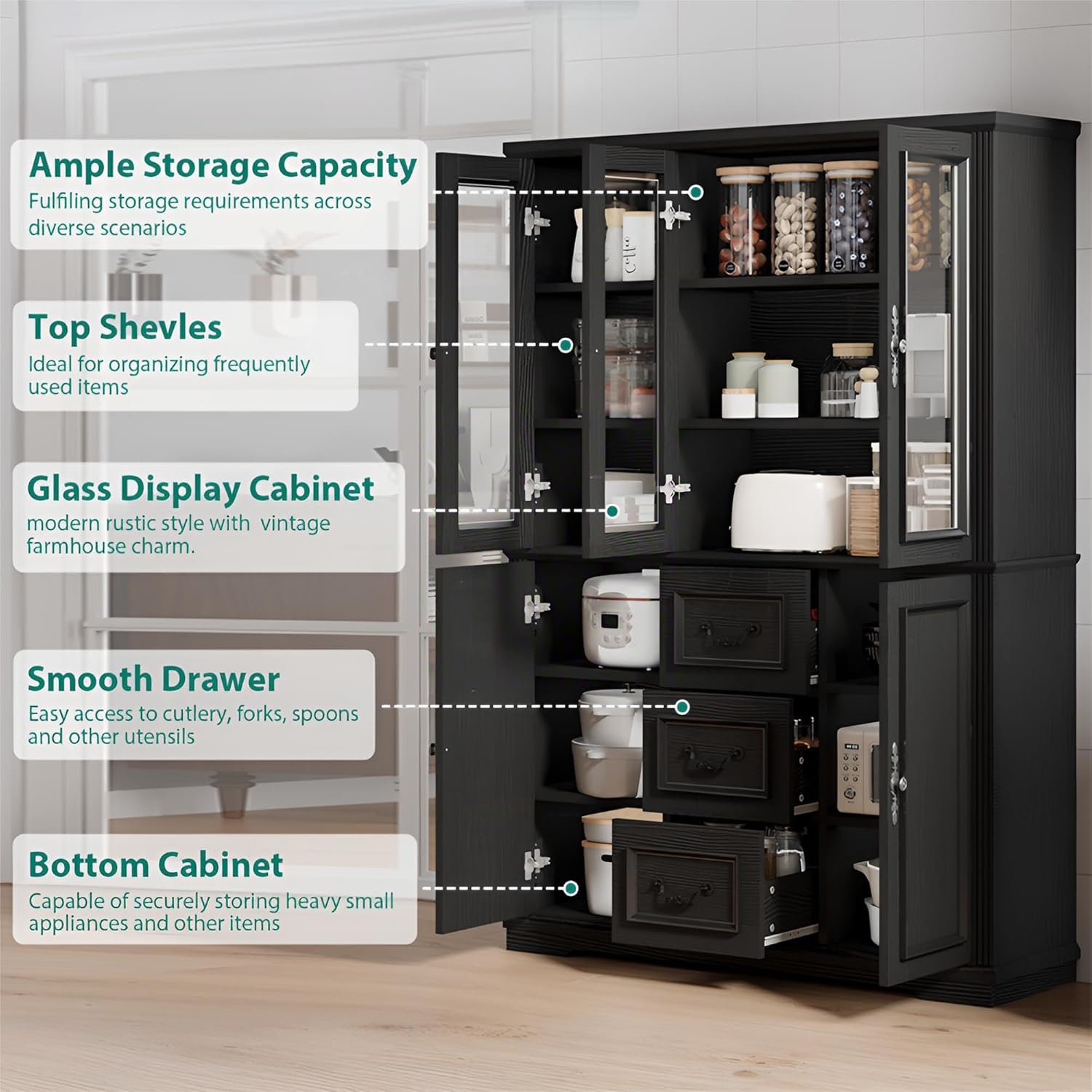 YITAHOME 71" H x 47" W Kitchen Pantry with 3 Drawers, Large Storage Cabinet with 3 Glass Doors & Adjustable Shelves, Freestanding Tall Display China Cabinet for Living & Dining Room, Black