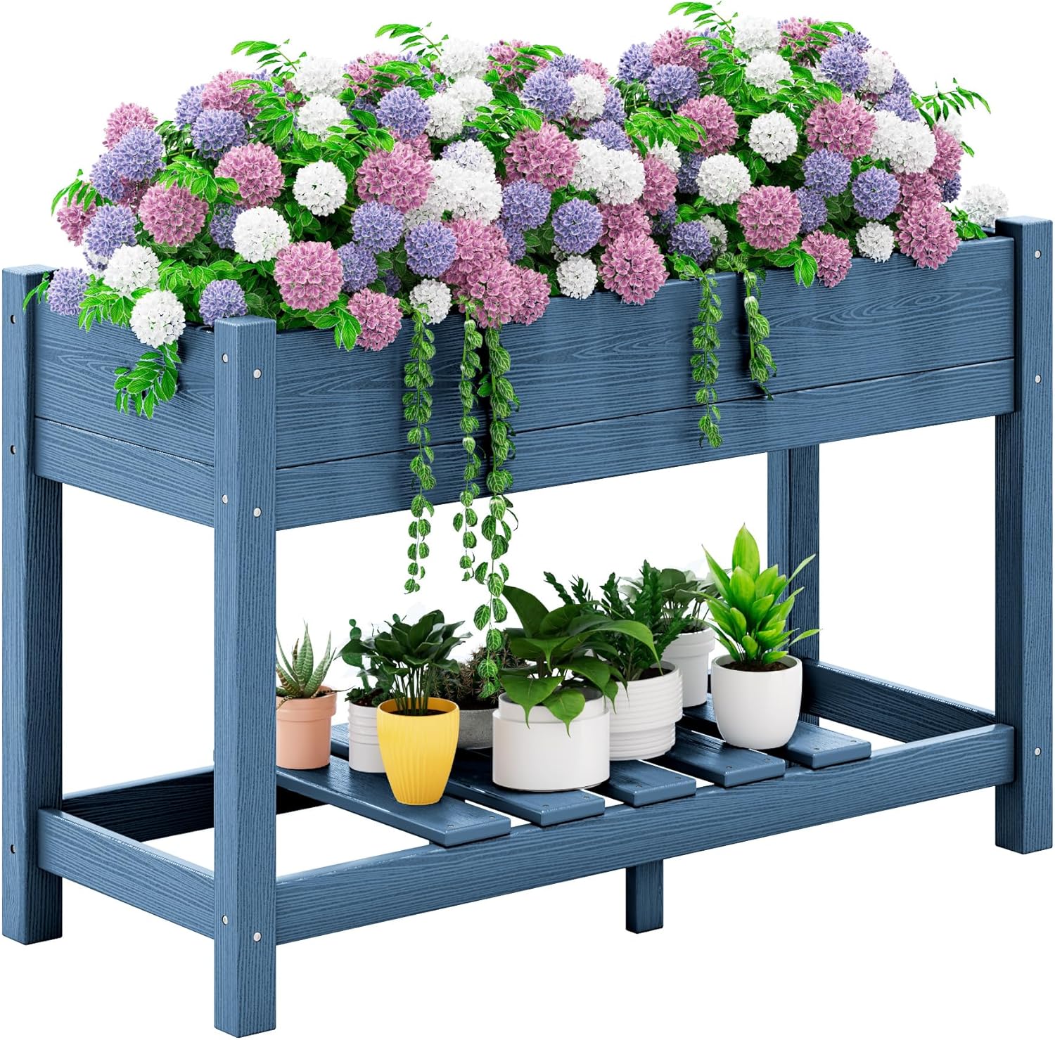 SERWALL Raised Garden Bed with Legs, 43"×17"×30" Large HDPE Elevated Planter Box for Vegetables Flower Herb Patio, All Weather Use- Blue