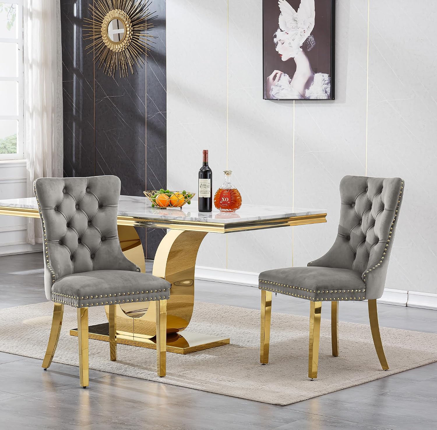 SSLine Modern White Marble Dining Table Set for 4,Luxury 68" Faux Marble Kitchen Table with Velvet Tufted Chairs for 4,5-Piece Dining Room Table Set with Gold Stainless Steel U-Shape Base