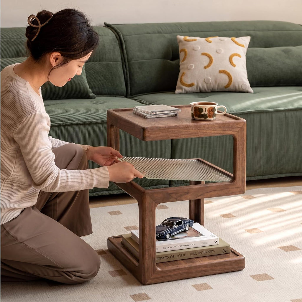 YESWOOD Solid Wood Side Table, Small End Table for Living Room Bedroom, Wooden Nightstand Bedside Table, 3-Tier Open Shelf Night Stand, Modern Accent Table for Sofa & Couch(Walnut, 15.74"D x 21.65"H)