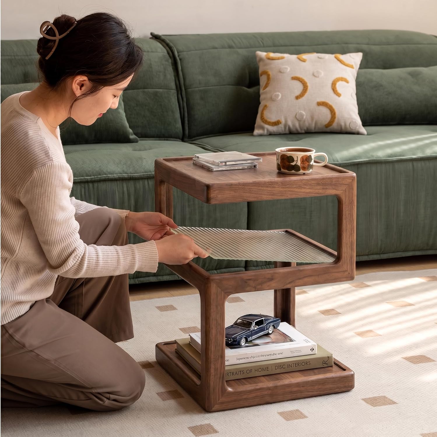 YESWOOD Solid Wood Side Table, Small End Table for Living Room Bedroom, Wooden Nightstand Bedside Table, 3-Tier Open Shelf Night Stand, Modern Accent Table for Sofa & Couch(Walnut, 15.74"D x 21.65"H)