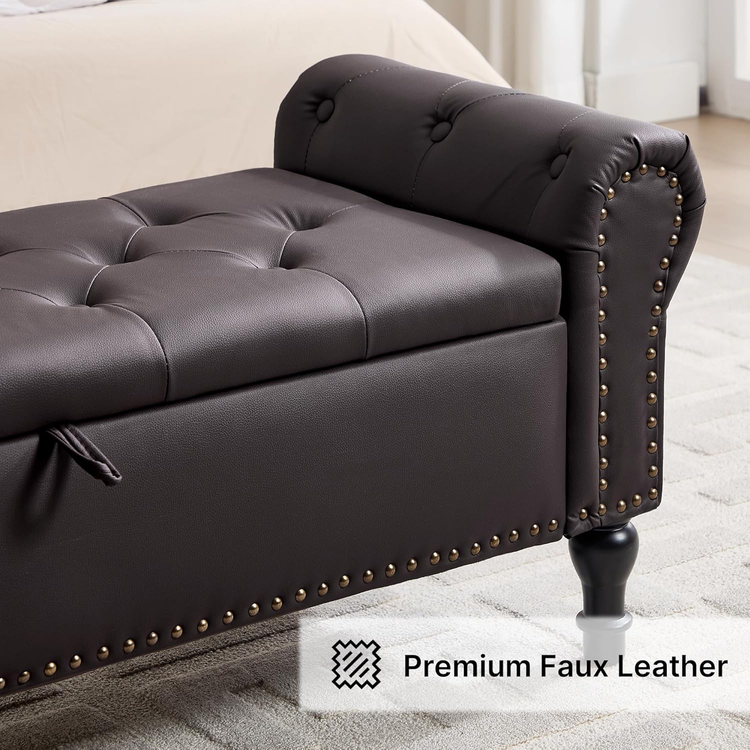 51" Storage Bench for Bedroom, Faux Leather End of Bed Bench, Queen Size Bench with Rolled Arms, Tufted Storage Ottoman Benches, Upholstered Bench for Bedroom, Living Room, Entryway, Dark Brown