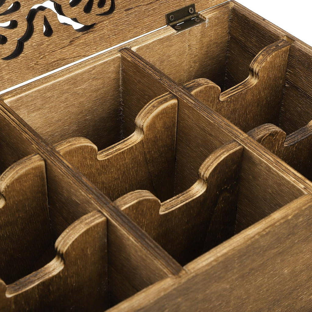 WRINGKIT Tea Bag Organizer Storage Box, Wood, 9 Compartments | Tea Chest Containers with Floral Carved Lid, Tea Holder Box for Assorted Spice Packets, Home Decor, Multi-Functional Storage