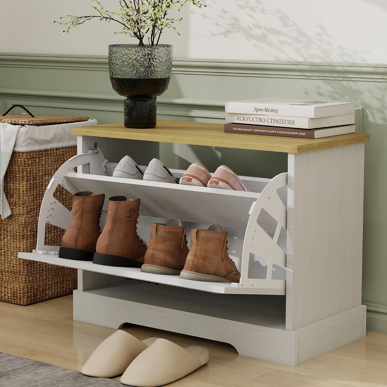 RASOO Flip Drawer Shoe Cabinet for Kids, 3-Tier Shoe Organizer Storage Cabinet with 2 Adjustable Shelves, Space-Saving Hidden Shoe Rack Bench for Entryway Hallway