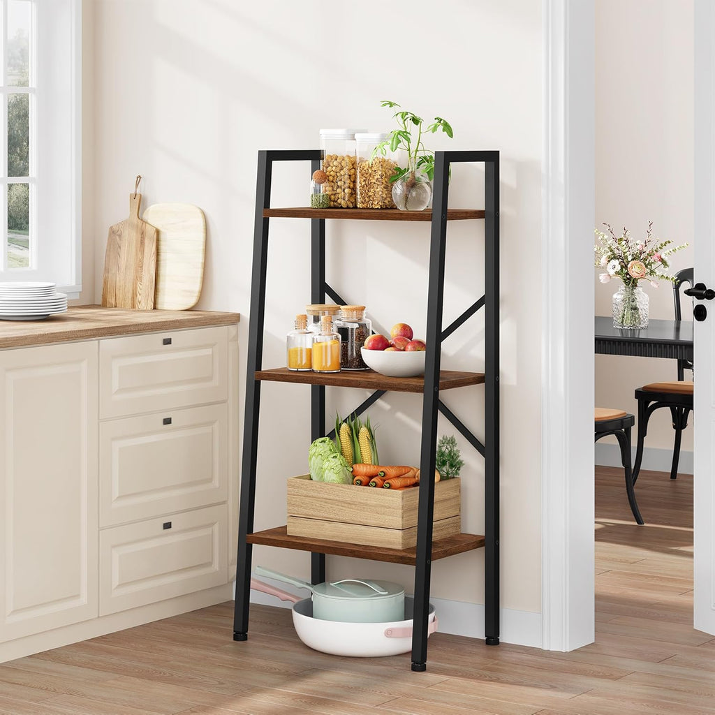 Hoctieon 3-Tier Industrial Ladder Bookshelf, Narrow Ladder Shelf, Tall Standing Bookshelf, Skinny Open Ladder Shelf, for Living Room, Home Office, Kitchen, Bedroom, Metal Frame, Rustic Brown