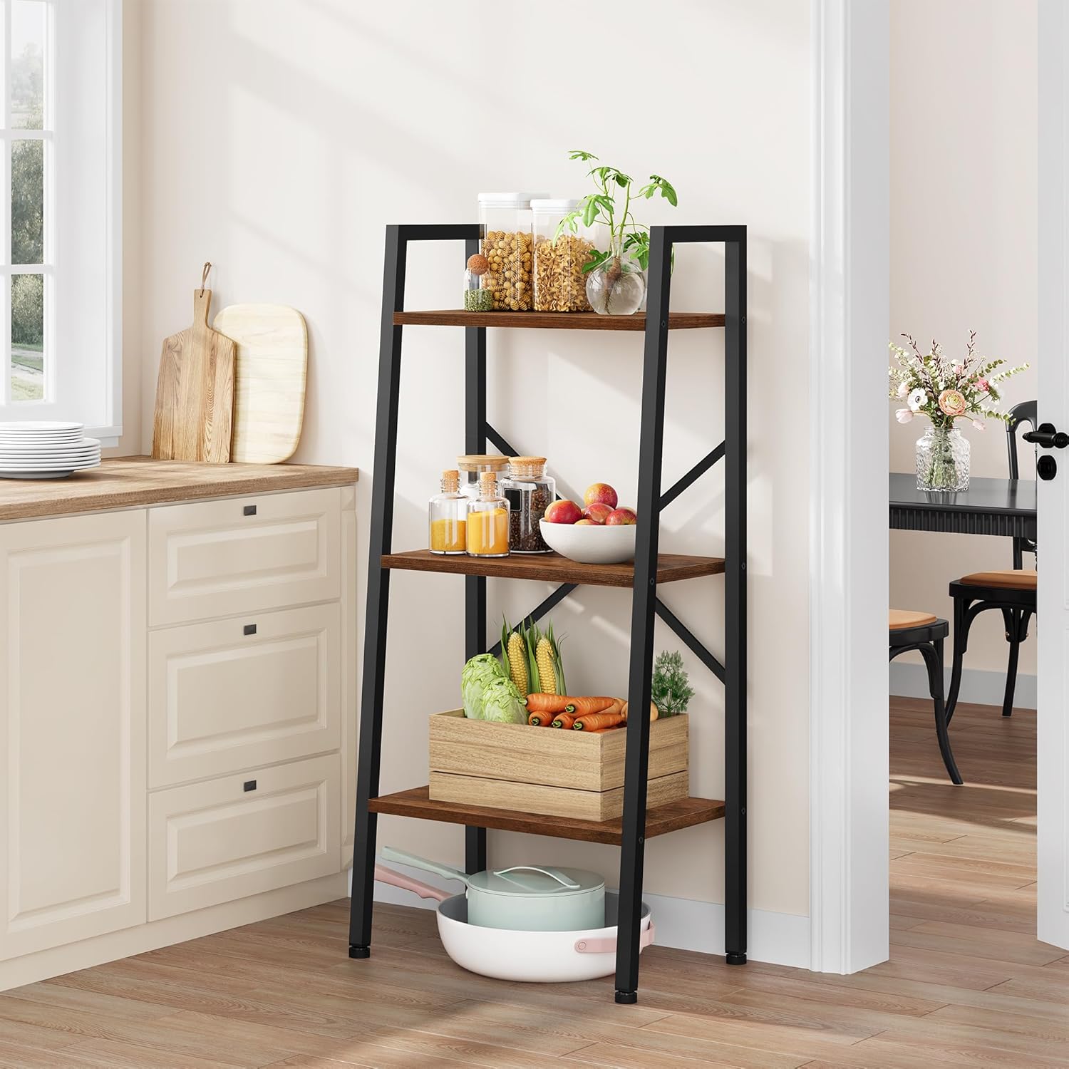 Hoctieon 3-Tier Industrial Ladder Bookshelf, Narrow Ladder Shelf, Tall Standing Bookshelf, Skinny Open Ladder Shelf, for Living Room, Home Office, Kitchen, Bedroom, Metal Frame, Rustic Brown