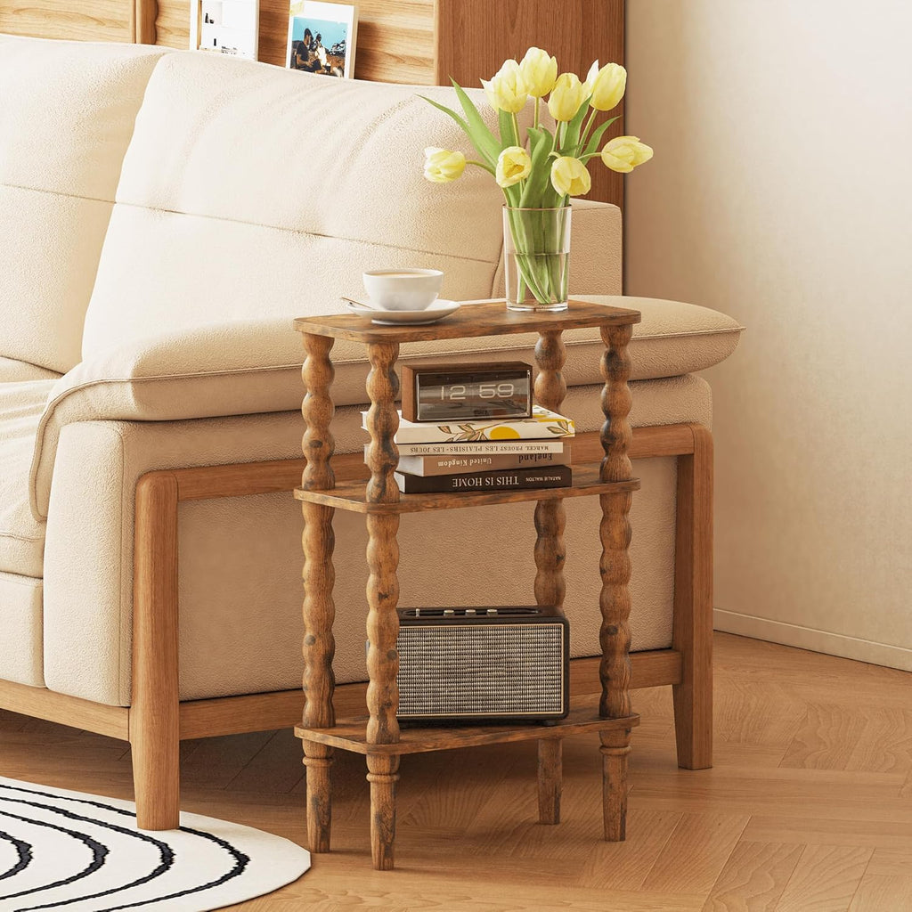 Veegle Side Table, Small End Table with Storage Shelf, 3-Tier Small Coffee Tables for Living Room Bedroom Narrow Spaces(Rustic Brown)