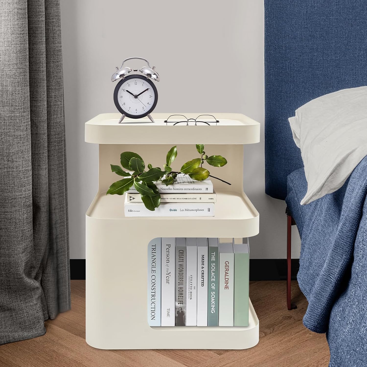 Modern End Tables 3 Tier Small Nightstand Metal Side Table with Storage Accent Tables Minimalist Couch Table for Bedroom, Living Room, No Assembly Required (Style 1, White, 15.7×15.7)