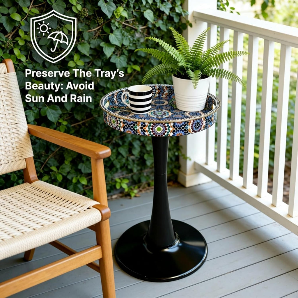 Gesodant Boho Chic Round Side Table, 13" Artistic Patterned Small Drink Table with Glossy Tray Top, Stable Hourglass Pedestal Base, Unique Plastic End Table for Living Room, (Moroccan)