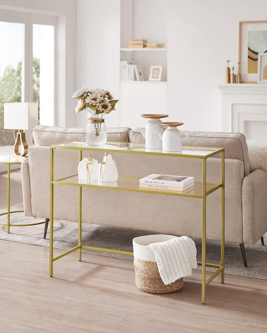 VASAGLE 39.4 Inch Console Sofa Table, Modern Entryway Table, Tempered Glass Table, Metal Frame, 2 Shelves, Adjustable Feet, for Living Room, Hallway, Gold Color ULGT025A01