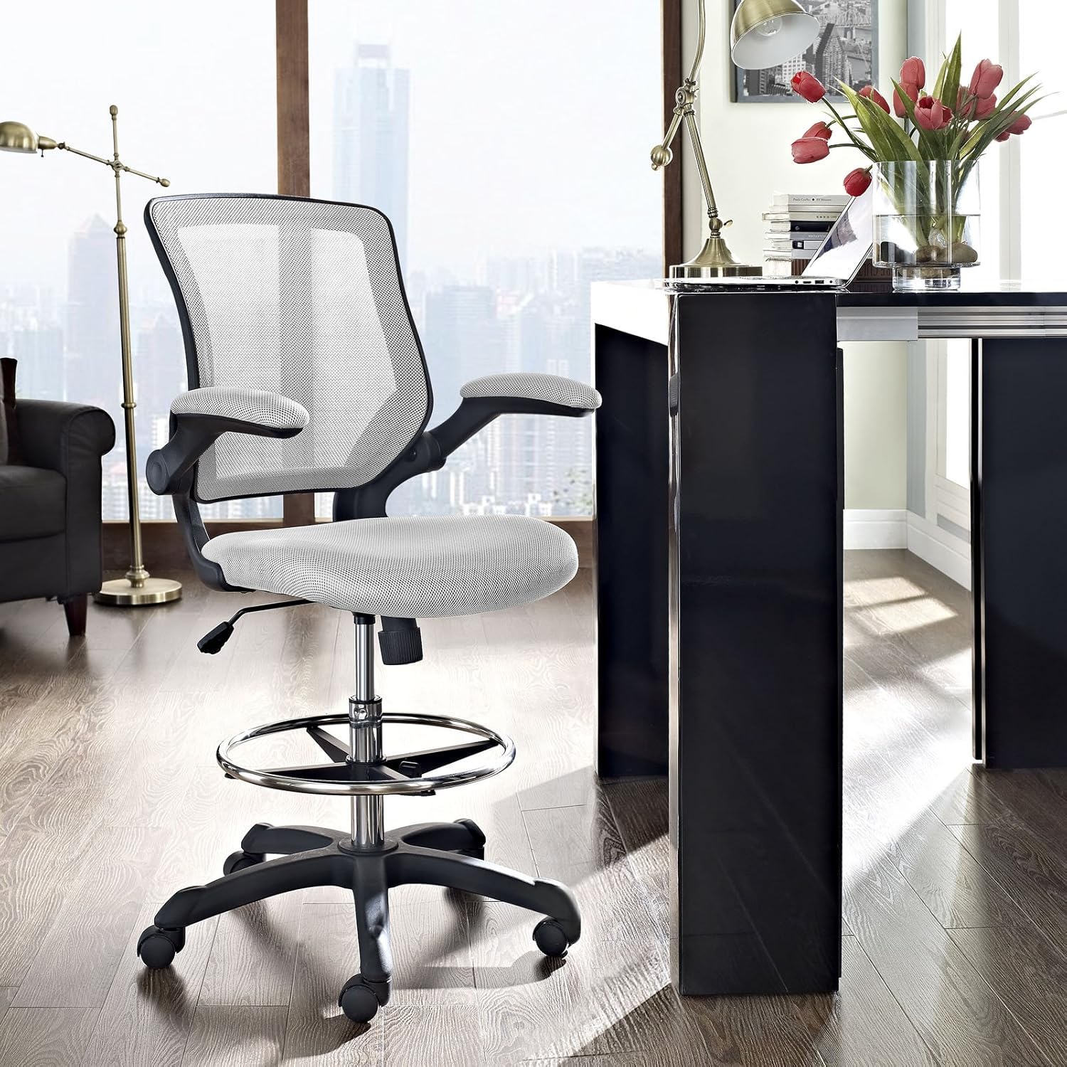 Modway MO-EEI-1423-GRY Veer-Reception Desk Flip-Up Arm Drafting Chair, 22.5"L x 25.5"W x 41.5-50"H, Gray
