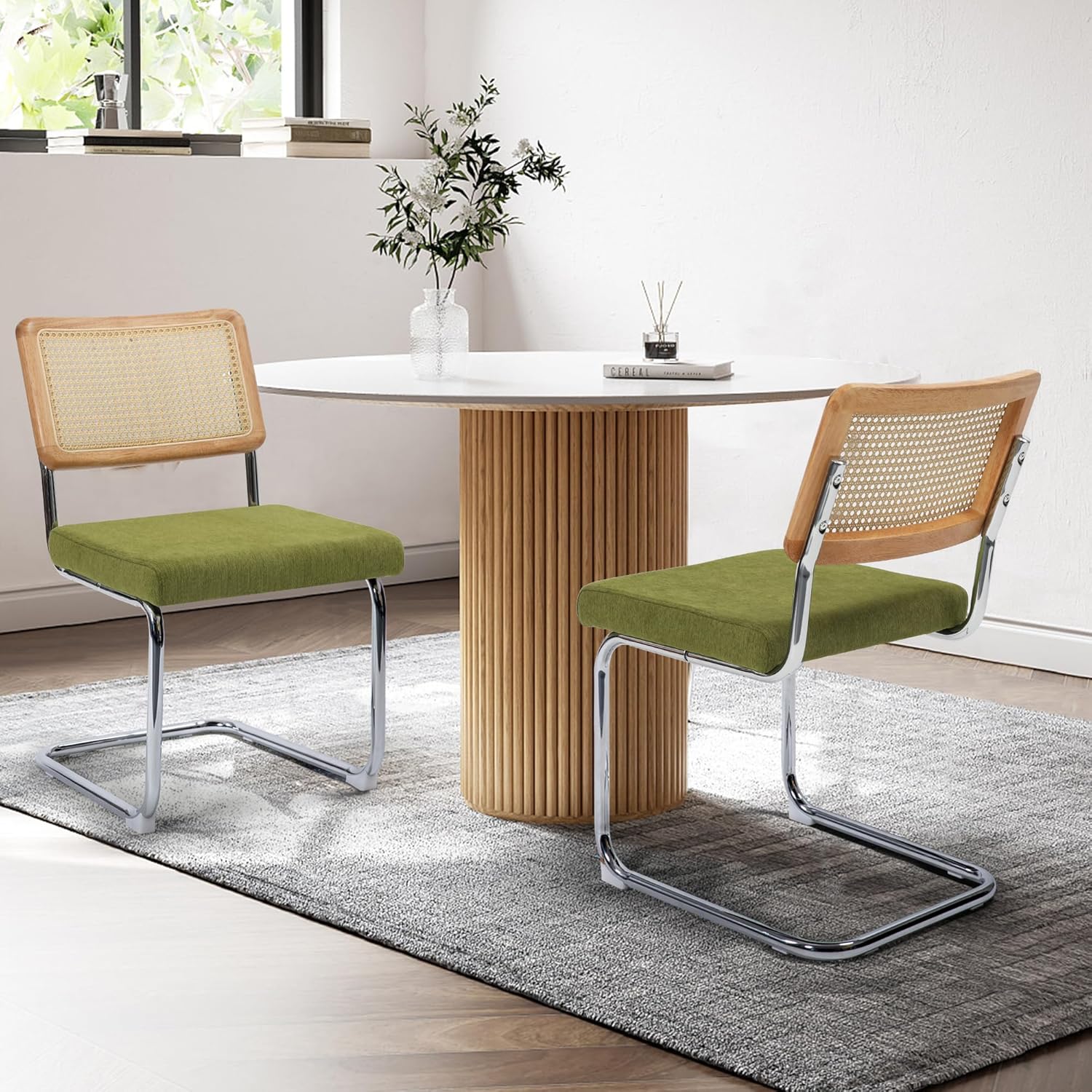 KROFEM Dining Chairs Set of 2, Modern Rattan Kitchen Chairs, Mid Century Modern Design, Polished Chrome Frame, Upholstered Seat, Green