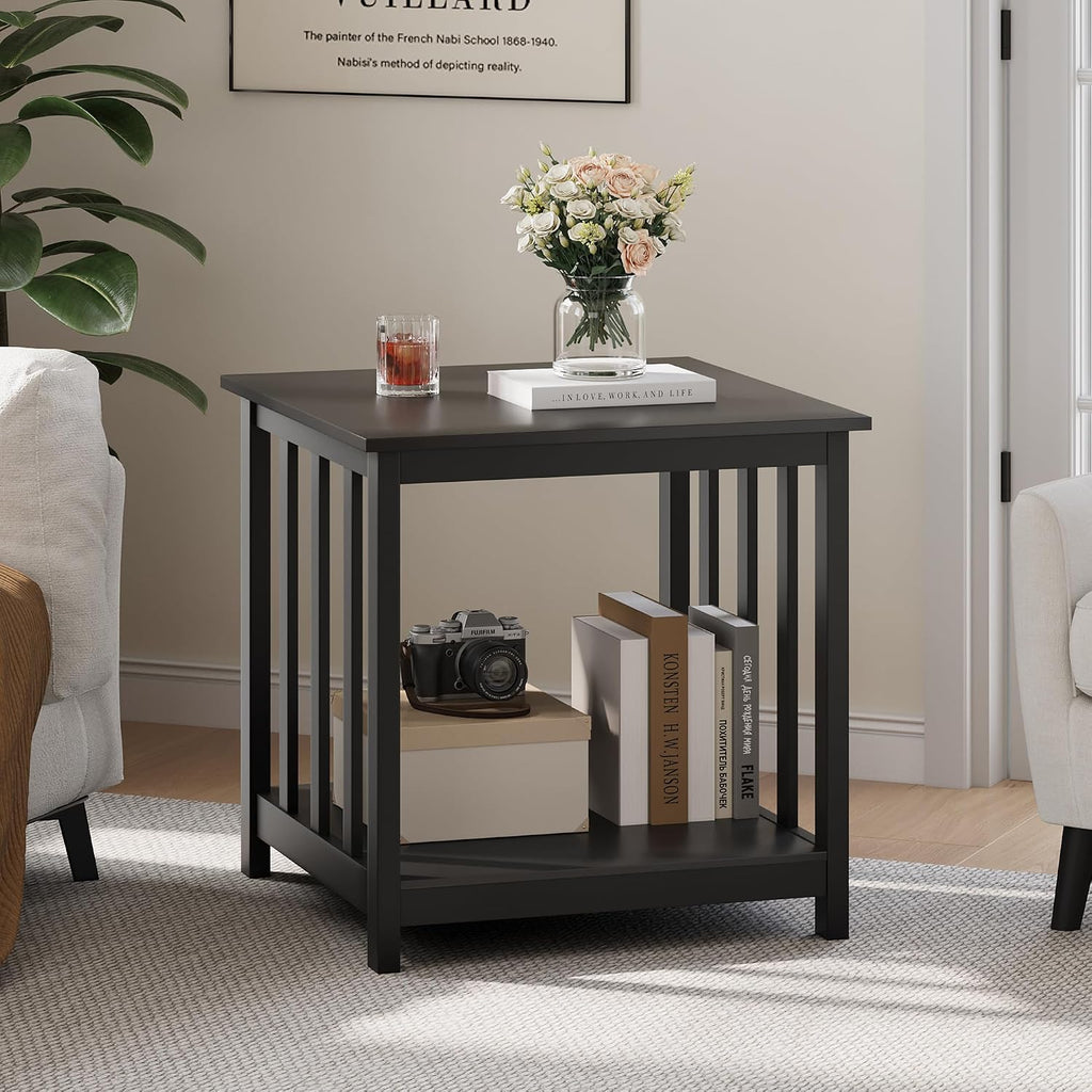 Treocho Large End Tables Living Room Set of 2 with Storage Shelf | Side Table, 24 InchModern Nightstand, Living Room, Bedroom, Office, Black
