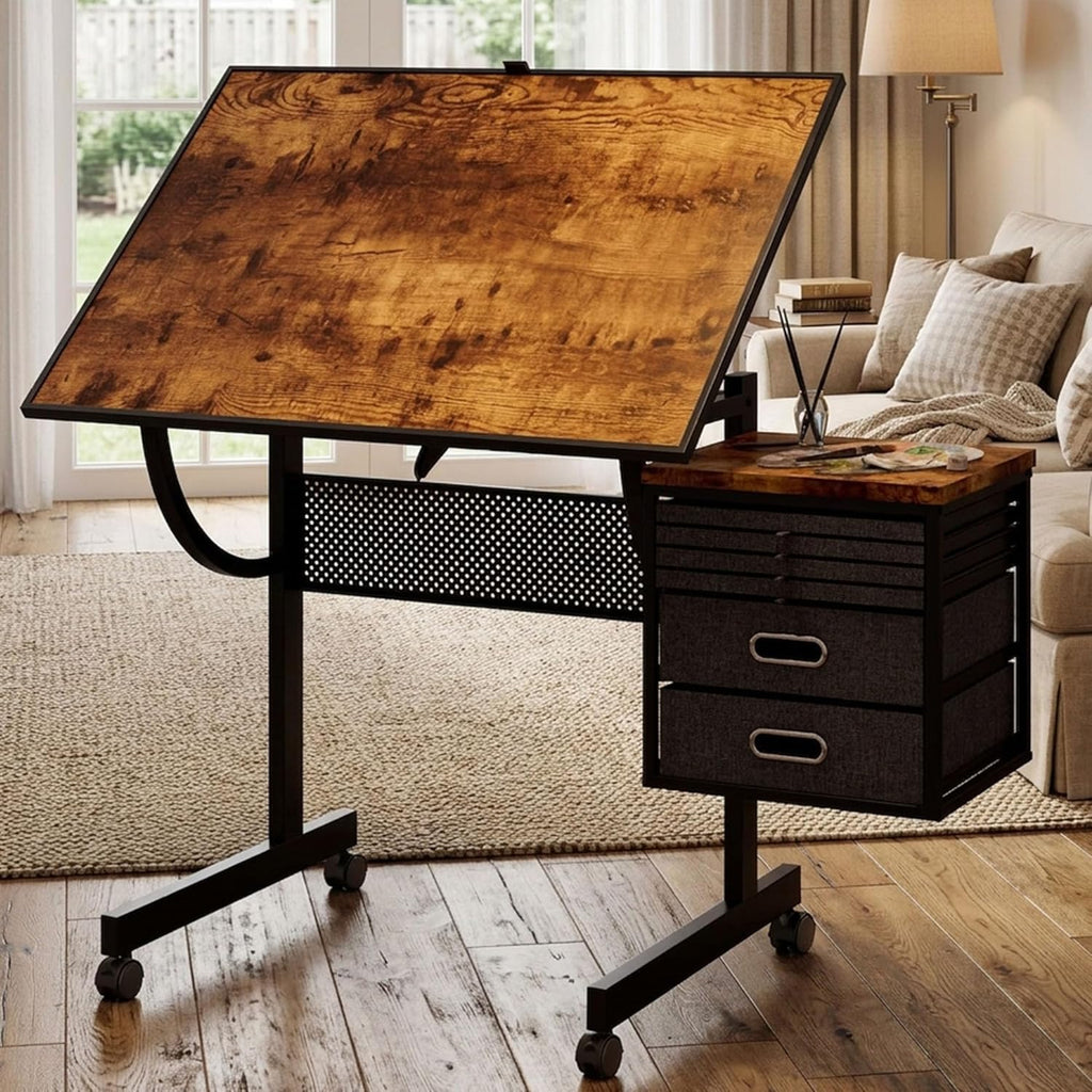 Adjustable Drafting Table with 4 Trays & 2 Storage Drawers, Multifunctional Tilting Drawing Art Desk, Vintage Drawing Table Art Craft Workstation for Studio Home Office Painting Writing (Style-A)
