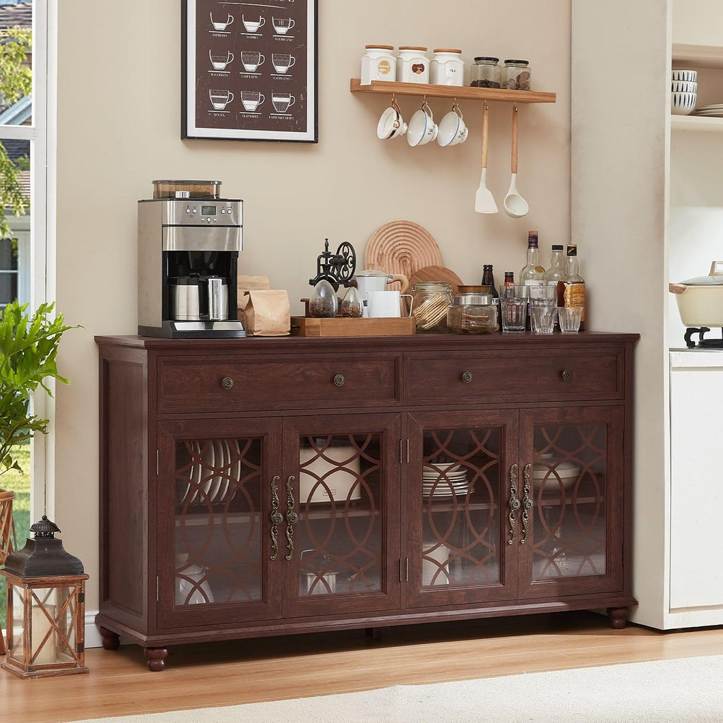 Joaxswe Farmhouse Sideboard Buffet Cabinet with Storage,59" Large Credenza with 4 Glass Doors & 2 Drawers,Adjustable Shelves Console Table,Wood Kitchen Coffee Bar for Dining Room,Living Room,Walnut