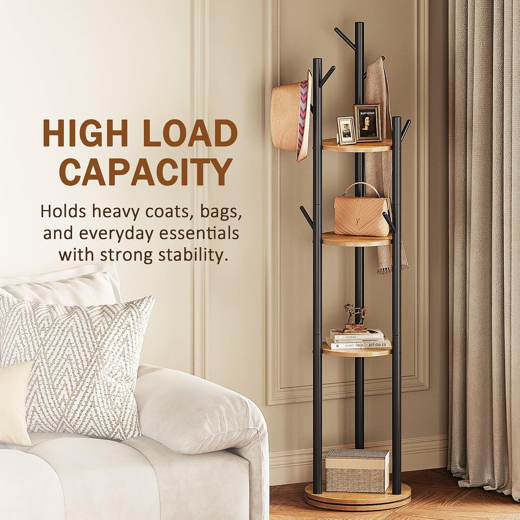 Espelism Rotary Coat Rack Stand, Freestanding Metal Hall Tree with 9 Hooks | 4-tier coat stand with wood storage shelves. Ideal for entryway, bedroom, corner or office clothing organization.Brown