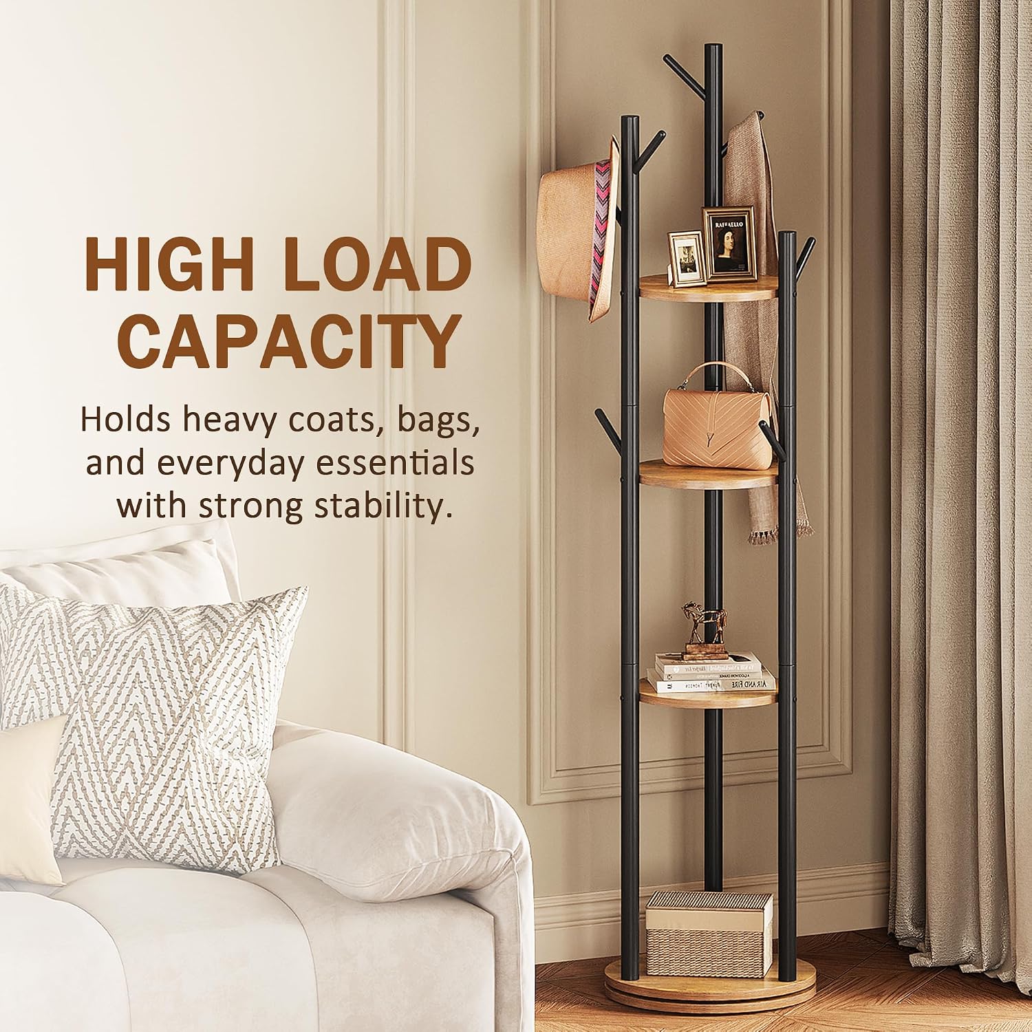 Espelism Rotary Coat Rack Stand, Freestanding Metal Hall Tree with 9 Hooks | 4-tier coat stand with wood storage shelves. Ideal for entryway, bedroom, corner or office clothing organization.Brown