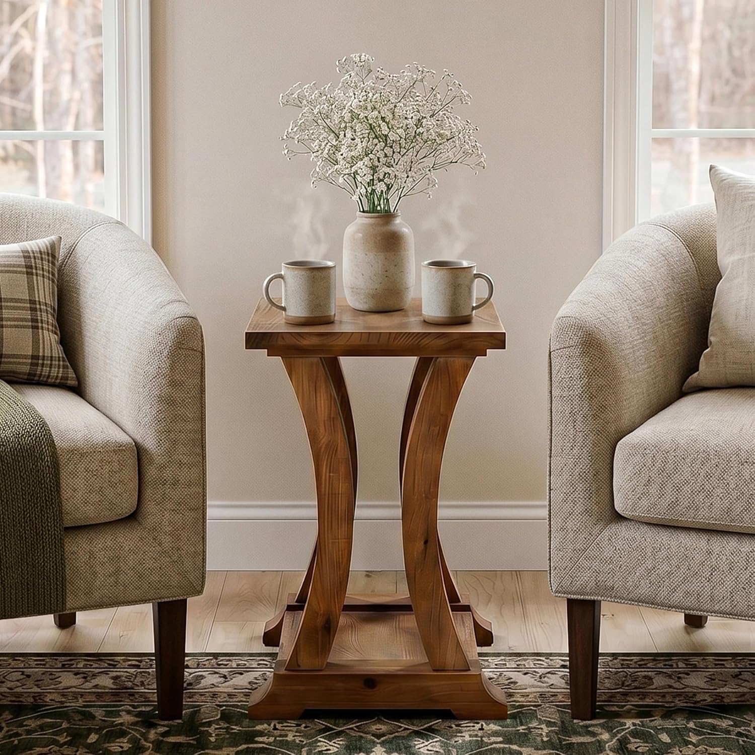 LITTLE TREE Solid Wood End Table, Narrow Side Table with Lower Storage Shelf, Rustic Accent Sofa Side Table for Living Room, Bedroom, Small Space