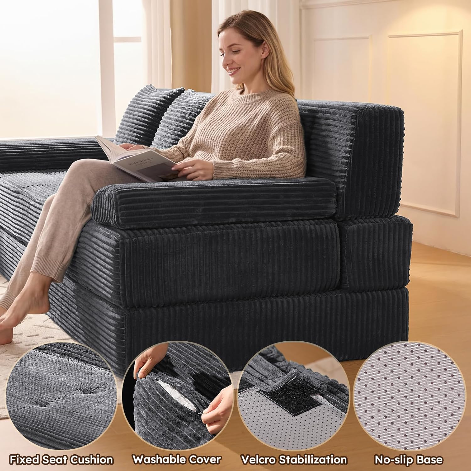 78.7IN Folding Sofa Bed - Convertible Sleeper Sofa Couch with Zippered Pillows, 3 Seater Couches Bed for Living Room, Bedroom, Apartment, No Assembly Required, Freestanding, Corduroy, Gray