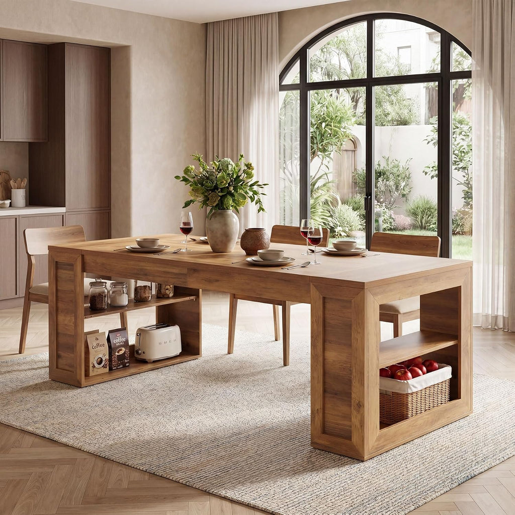 Tribesigns Farmhouse Dining Table with Storage Shelves, 70.8-Inch Large Rectangle Wooden Kitchen Dinner Table for 6 for Kitchen, Dining Room, Living Room