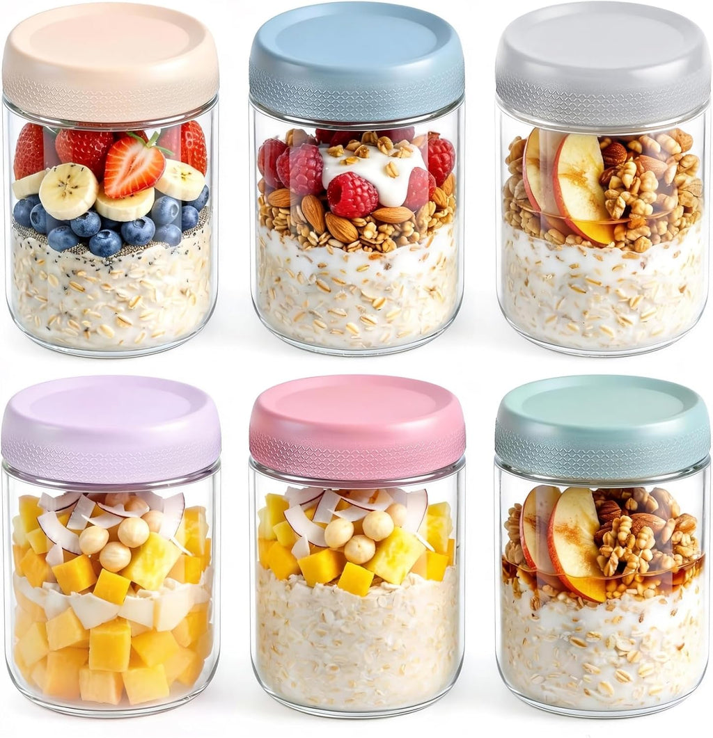 16 oz 6Pack Overnight Oats Containers with Lids, Airtight Leakproof Wide Mouth Glass Mason Jars, Reusable & Portable for Meal Prep, Yogurt, Salads, Smoothies, Spice, Sugar, Snacks & Food Storage-clear