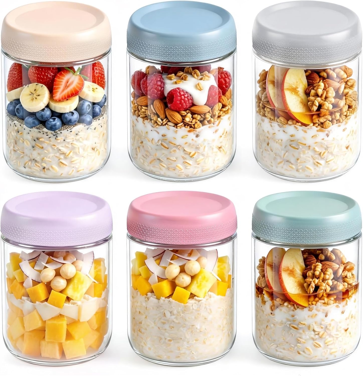 16 oz 6Pack Overnight Oats Containers with Lids, Airtight Leakproof Wide Mouth Glass Mason Jars, Reusable & Portable for Meal Prep, Yogurt, Salads, Smoothies, Spice, Sugar, Snacks & Food Storage-clear
