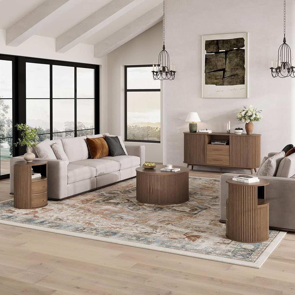 JOINICE Round End Tables Living Room, Fluted End Table with 2 Drawers and Open Shelf, 24" Tall Sofa Side Table with Storage, Nightstand for Bedroom, Living Room, Walnut