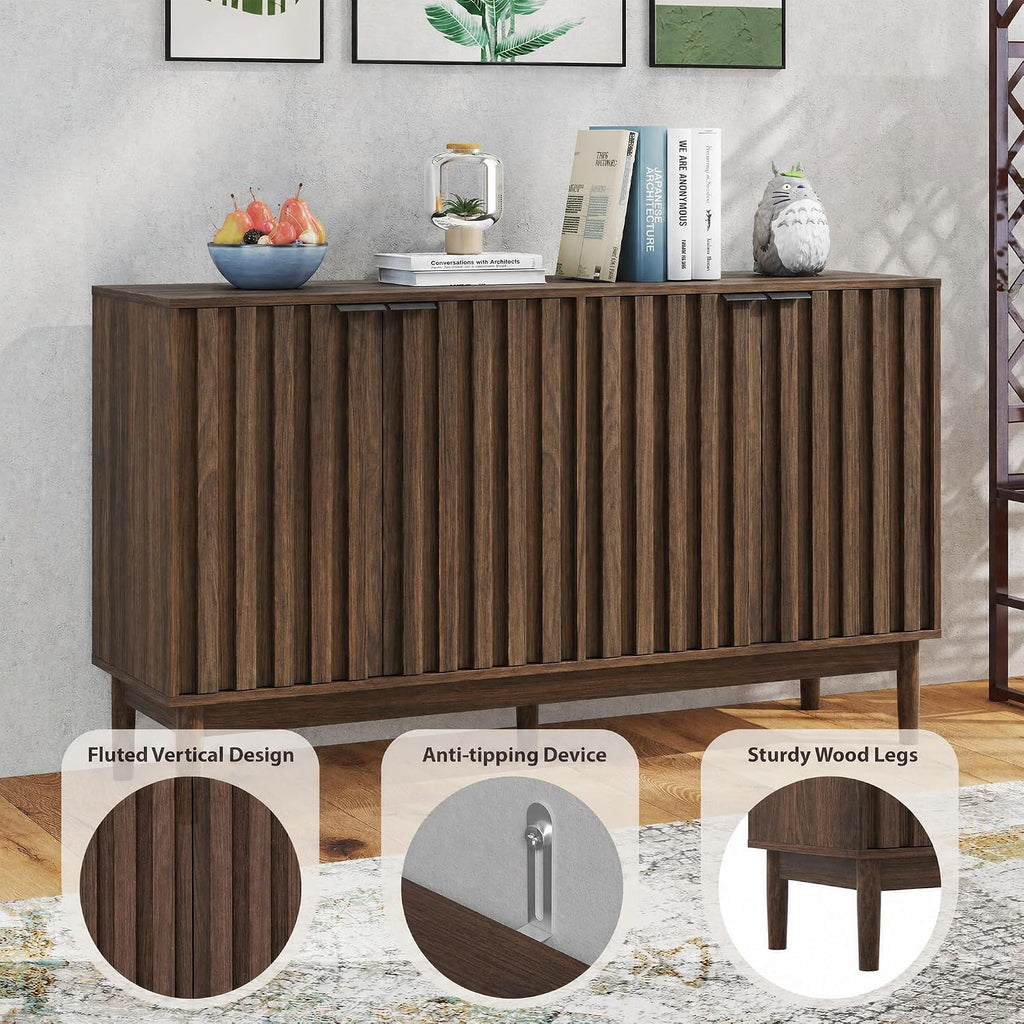 Otterease Fluted Cabinet with Storage, Small Buffet Cabinet Sideboard with Door, Kitchen Buffet Storage Accent Cabinets with Adjustable Shelves for Living Room, Entry, Hallway,Wlanut