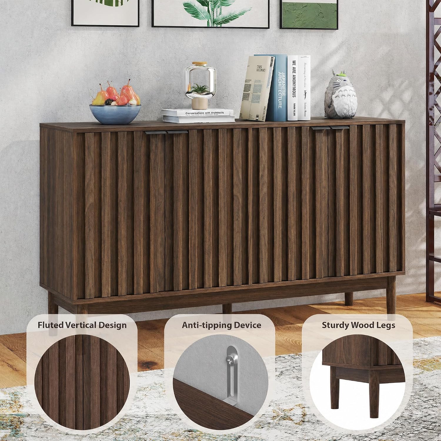 Otterease Fluted Cabinet with Storage, Small Buffet Cabinet Sideboard with Door, Kitchen Buffet Storage Accent Cabinets with Adjustable Shelves for Living Room, Entry, Hallway,Wlanut