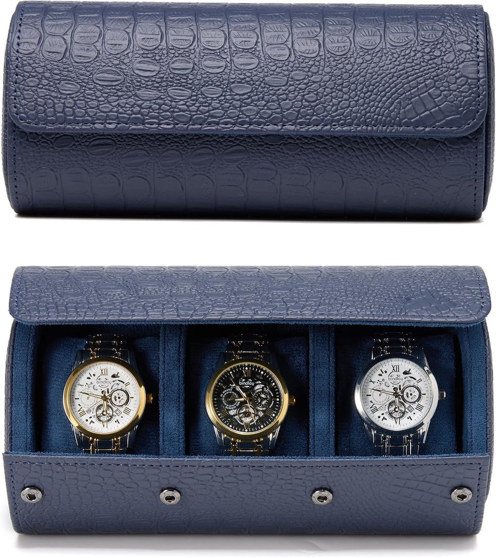 Classic 3 Watch Travel Case- Men's Portable Croc-Embossed Leather Watch & Accessory Organizer. Great Gifts for Men: Watch Roll Or Holder For Easy Carry, Storage And Display.