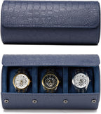 Classic 3 Watch Travel Case- Men's Portable Croc-Embossed Leather Watch & Accessory Organizer. Great Gifts for Men: Watch Roll Or Holder For Easy Carry, Storage And Display.