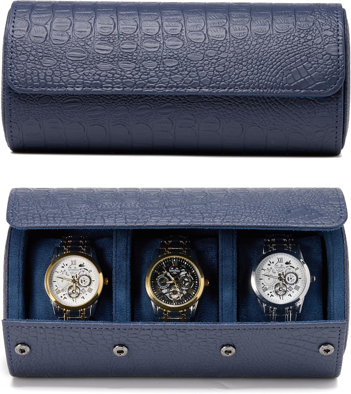 Classic 3 Watch Travel Case- Men's Portable Croc-Embossed Leather Watch & Accessory Organizer. Great Gifts for Men: Watch Roll Or Holder For Easy Carry, Storage And Display.