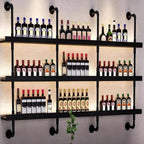89cm/35in Wall Mounted Wine Rack with LED Light - 3-Tier Solid Wood Industrial Rustic Floating Shelves, Bottle Storage Organizer for Kitchen, Bar, Pub, Cellar, Home Bar (Black, 89cm/35in)