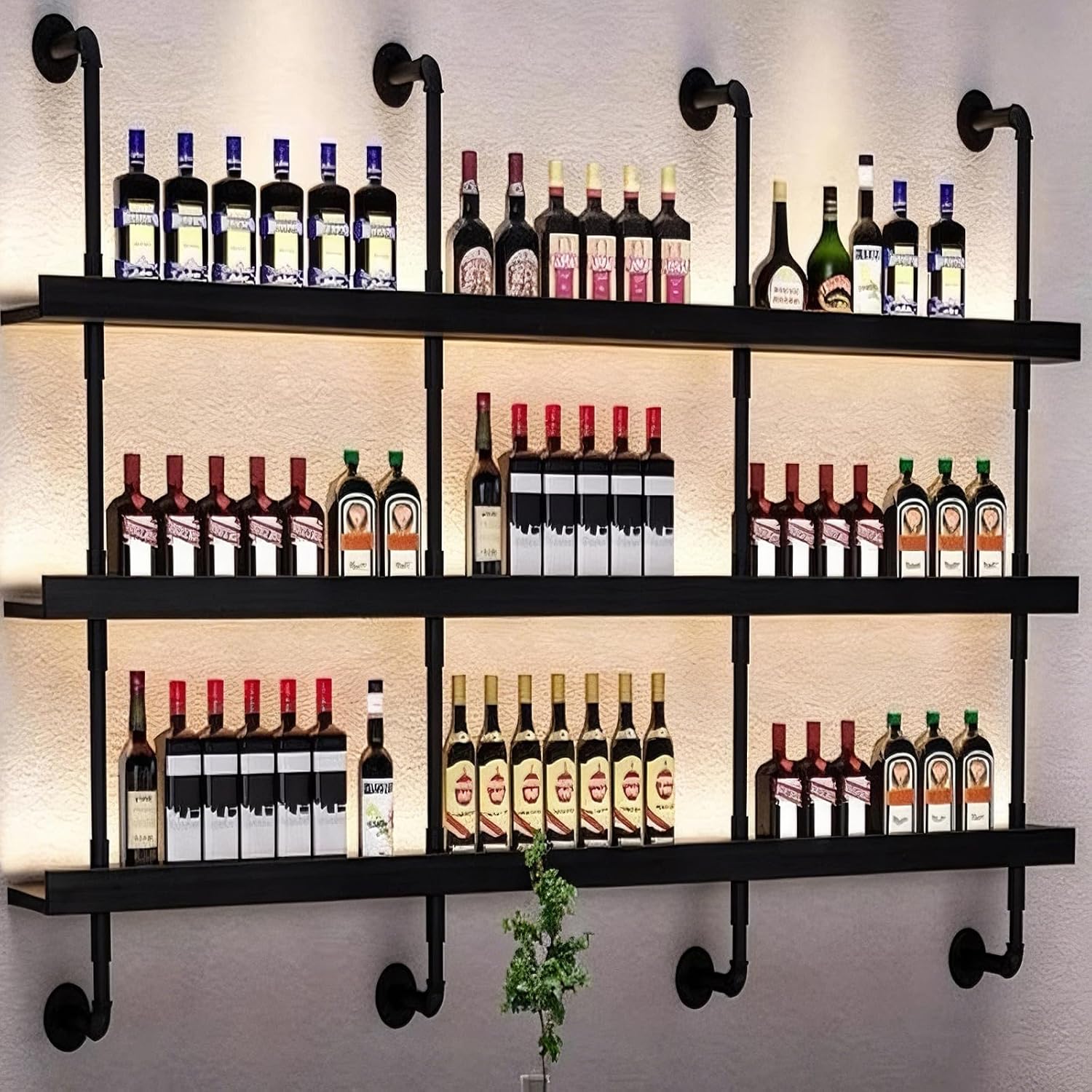89cm/35in Wall Mounted Wine Rack with LED Light - 3-Tier Solid Wood Industrial Rustic Floating Shelves, Bottle Storage Organizer for Kitchen, Bar, Pub, Cellar, Home Bar (Black, 89cm/35in)