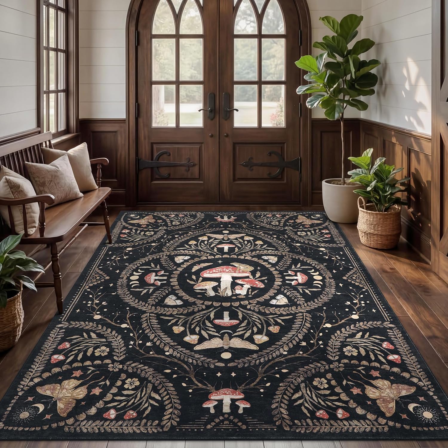 Garvee Mushroom 5x7 Area Rugs for Living Room, Dark Academia Gothic Rug, Non Slip Animal Print Washable Rugs 5x7 Low Pile Bedroom Decor Bug Carpet with Rubber for Playroom Dining Room Office, Black