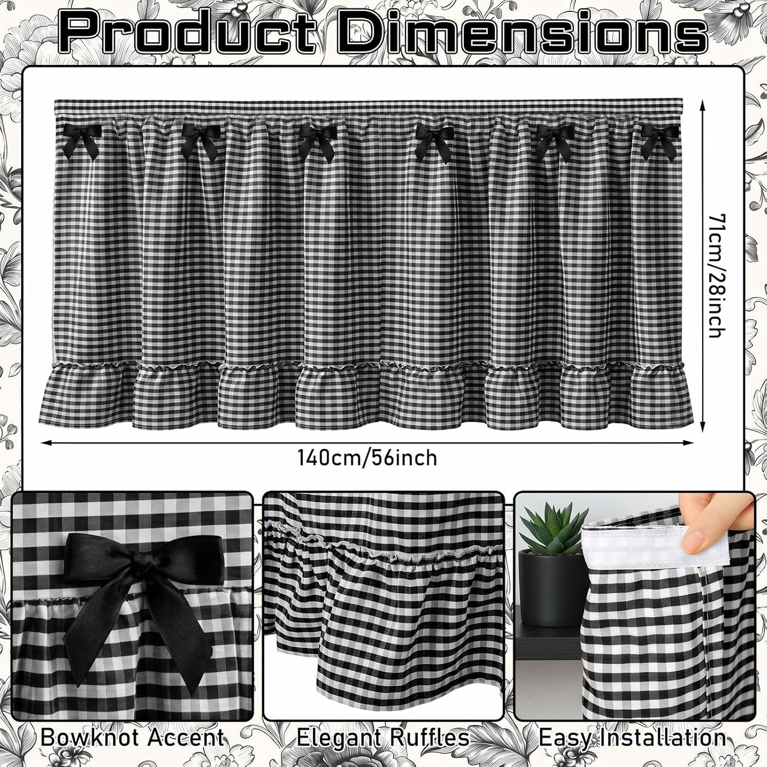 Tudomro Cabinet Curtains 56" x 28" Sink Skirt for Bathroom Kitchen Office Desk Black Ruffle Gingham Cabinet Curtains for Classroom Office Home Drape Under Desk Privacy Drape for Laundry Room