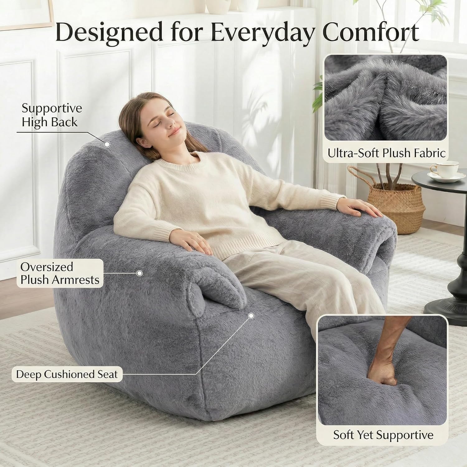 Bean Bag Chair for Adults and Childs with Armrests, High Back Supportive Plush Lounge, Oversized Faux Fur Floor Sofa for Living Room, Bedroom and Dorm (Dark Gray)
