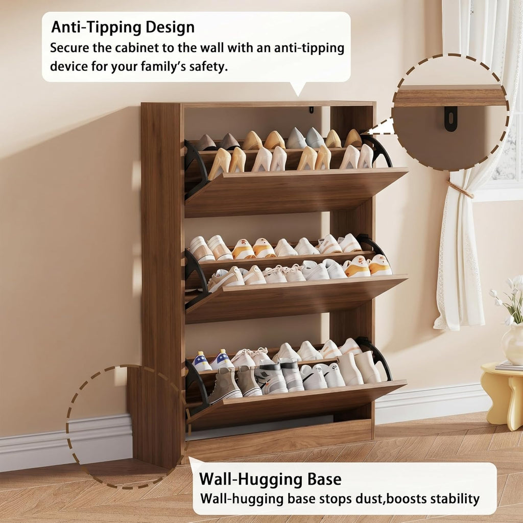 Shoe Storage Cabinet, Wood Shoe Organizer for Entryway with 3 Flip Drawers, Freestanding Shoe Rack with Adjustable Shelf, Narrow Shoe Dresser for Front Door Entrance (Walnut, Standard 3 Drawers)