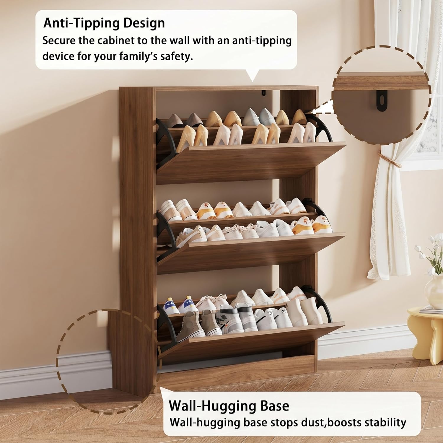 Shoe Storage Cabinet, Wood Shoe Organizer for Entryway with 3 Flip Drawers, Freestanding Shoe Rack with Adjustable Shelf, Narrow Shoe Dresser for Front Door Entrance (Walnut, Standard 3 Drawers)